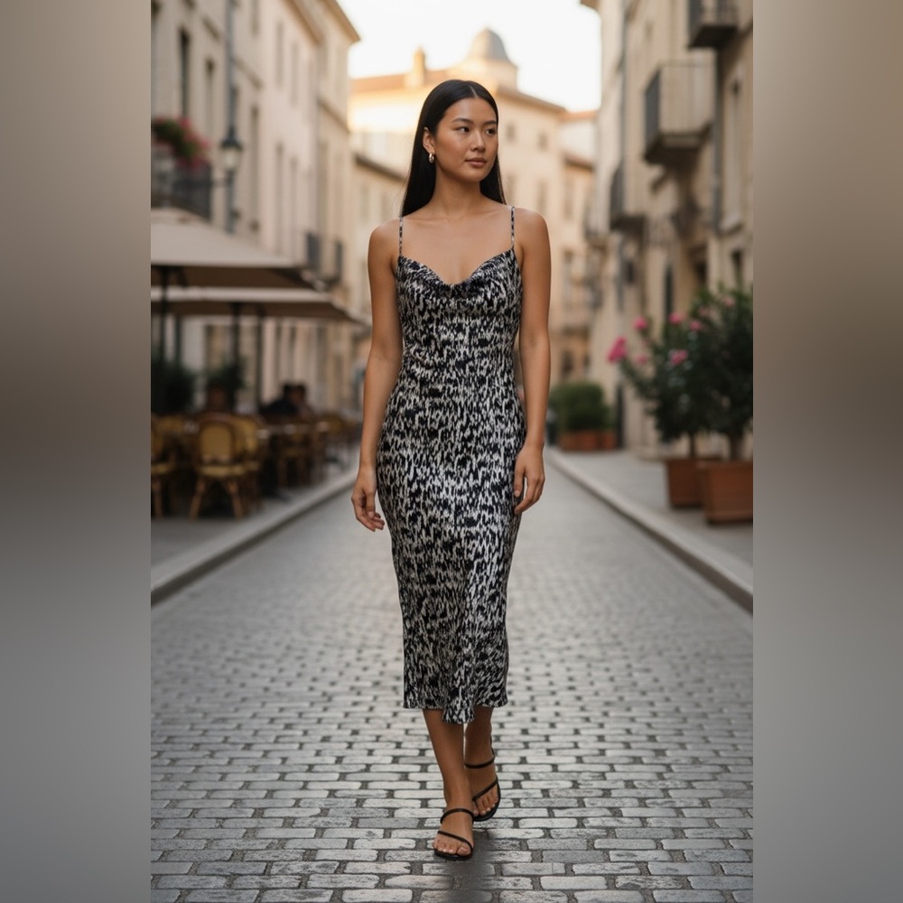 Express Black & White Abstract Midi Slip Dress | NWOT | Adjustable Straps Size